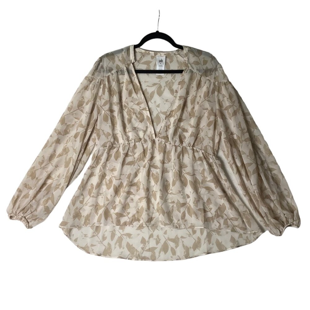 Cabi Couplet Deep V Plunging Neck Blouse Women Medium Silver Leaf Bishop Sleeve